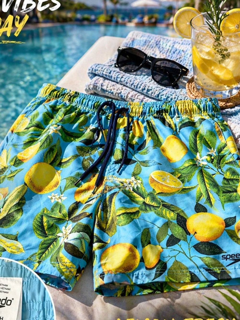 Speedo Lemon Print Swim Trunks Small Blue Citrus Swim Shorts Beach Pool Vacation - Picture 2 of 6